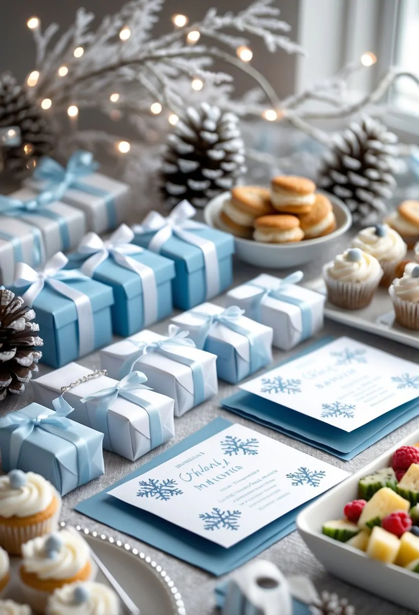 A winter baby shower table with invitations, wrapped favors, and a variety of food items, decorated with snowflake and pinecone accents.