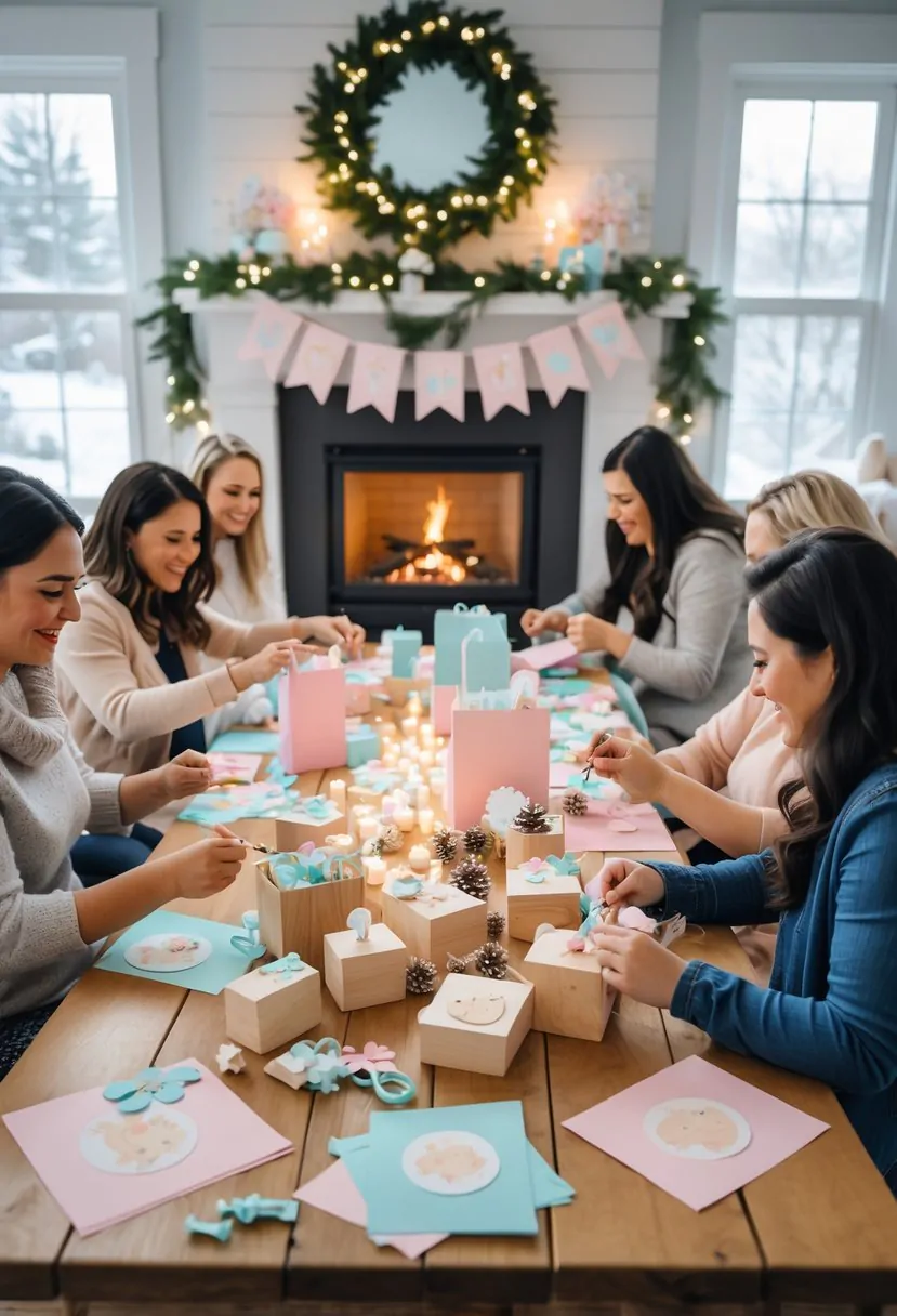 Women gathered around a table engaged in crafts and decorations for a winter baby shower in a cozy room with winter-themed decor.