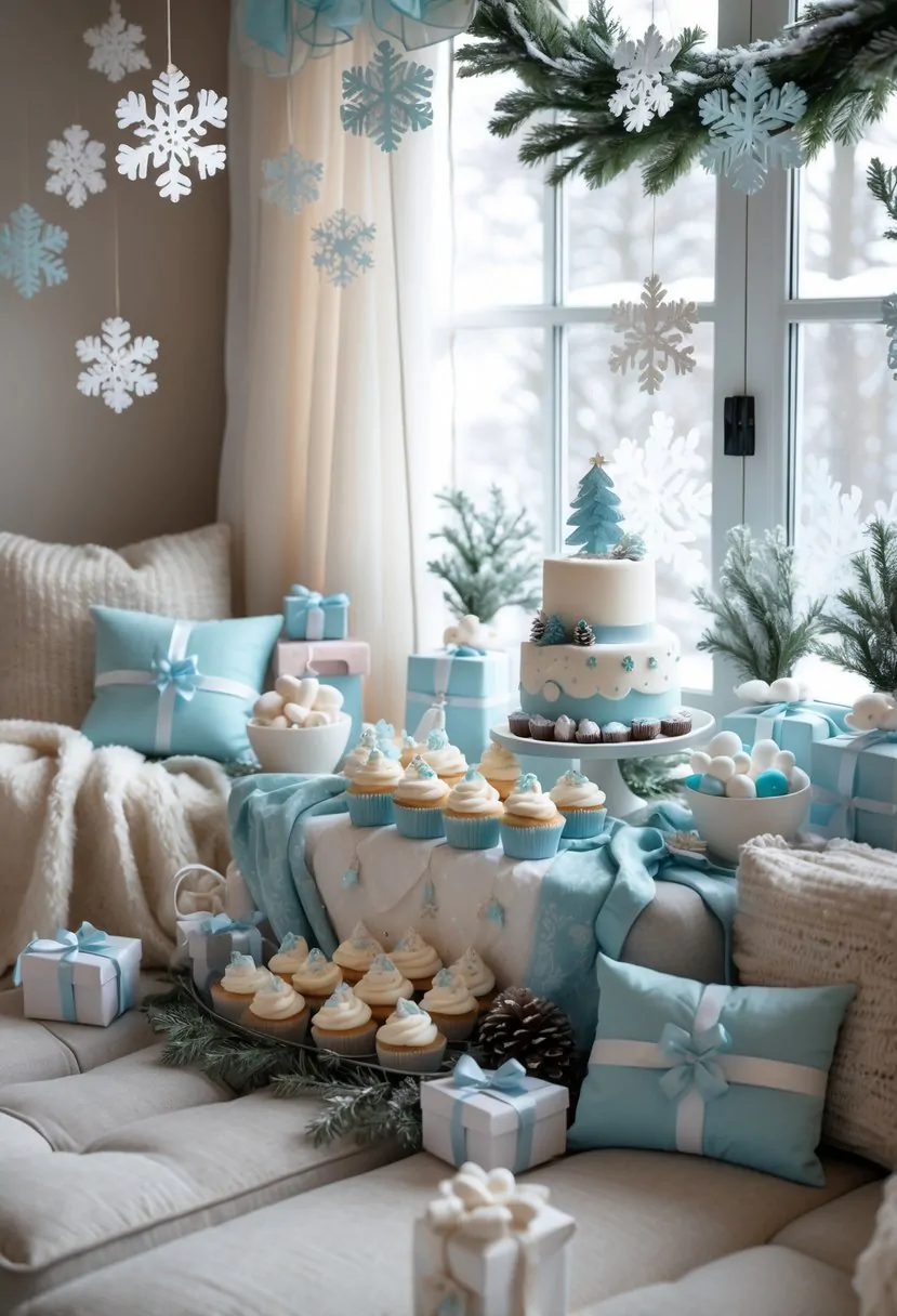 A cozy indoor winter baby shower setup with snowflake decorations, a dessert table with cupcakes and cake, hot cocoa, and soft blankets near a snowy window.