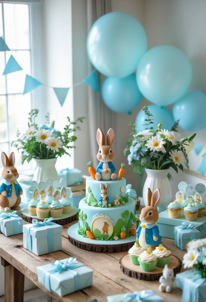 A baby shower setup with Peter Rabbit-themed decorations, including toys, cupcakes, a cake, flowers, balloons, and gift boxes arranged on a wooden table in a bright room.