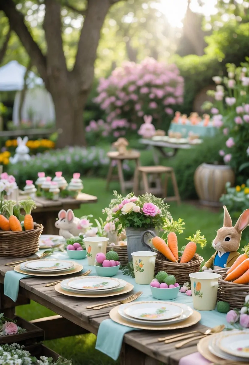 A garden baby shower setup with floral decorations, pastel table settings, wicker baskets of vegetables, and plush Peter Rabbit toys arranged outdoors.