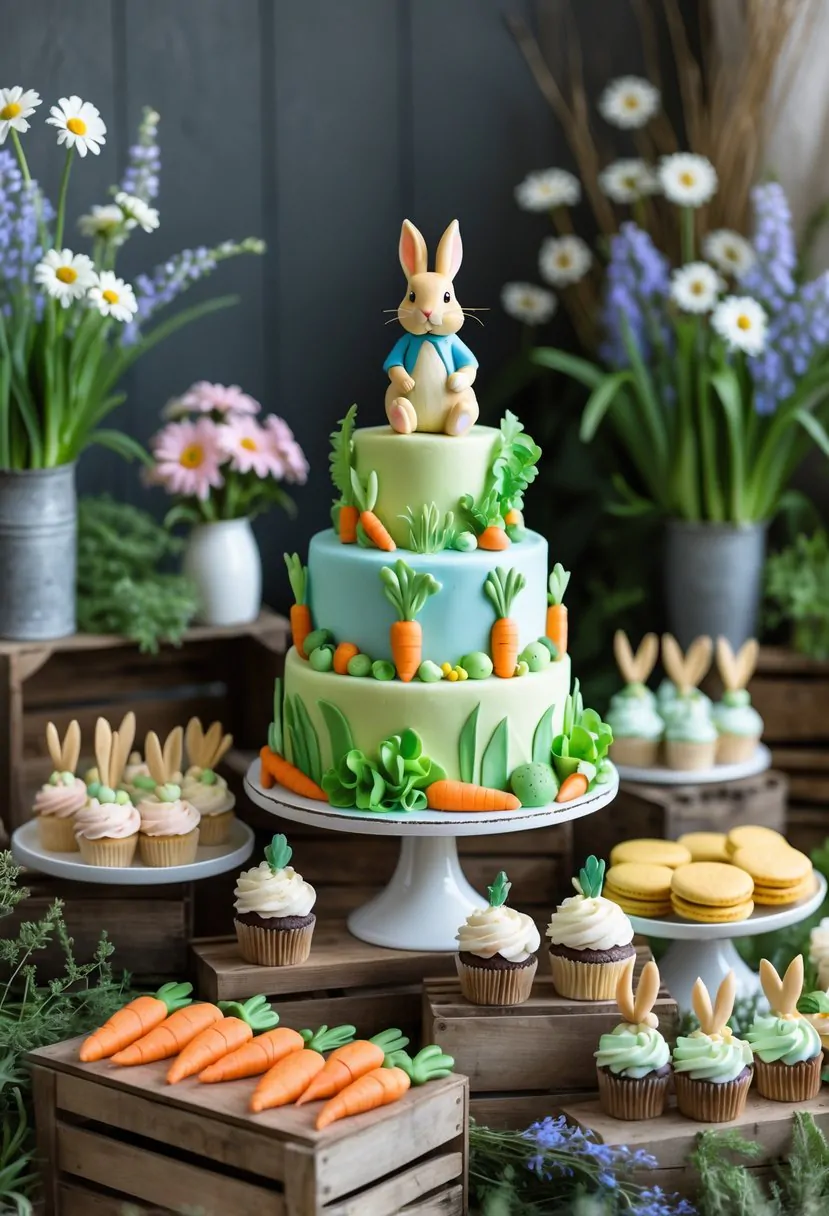 A baby shower table decorated with a Peter Rabbit themed cake, cupcakes, cookies, and flowers in a garden-inspired setting.