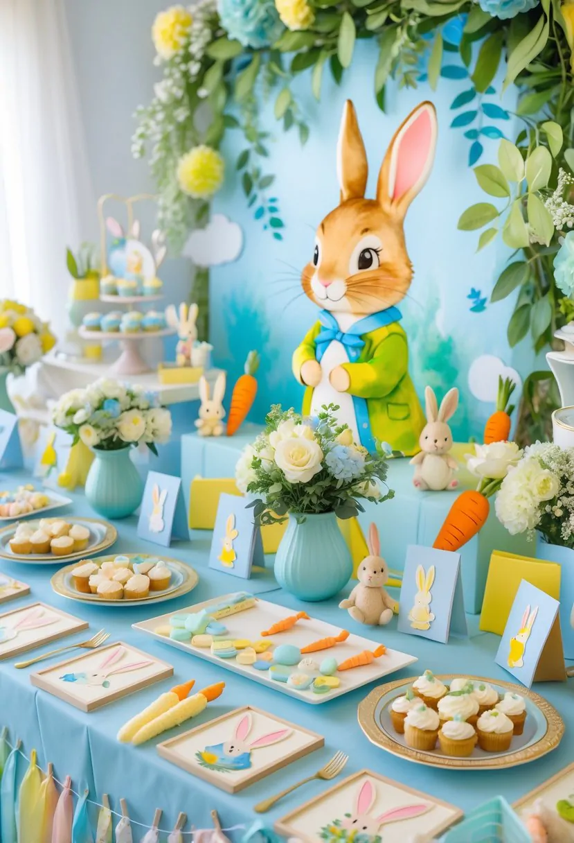 A baby shower table decorated with Peter Rabbit themed toys, craft supplies for keepsakes, pastel decorations, flowers, and themed treats.