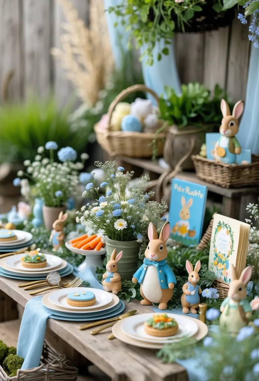A baby shower setup with Peter Rabbit-themed decorations including figurines, carrot-shaped cookies, cupcakes, flowers, and storybooks on a rustic wooden table surrounded by garden elements.