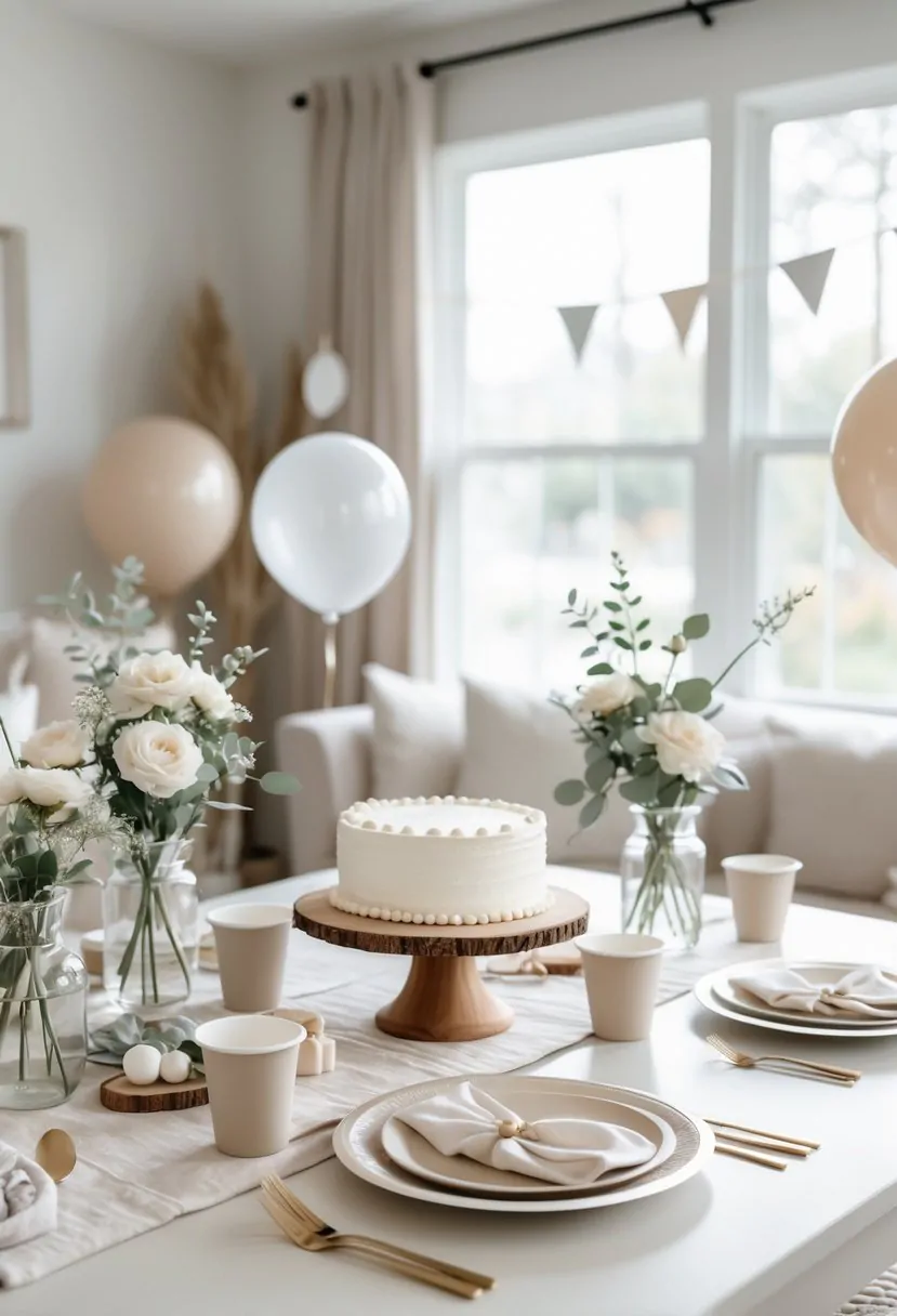 A neutral-colored baby shower setup with a decorated table, flowers, balloons, and soft natural lighting in a cozy room.