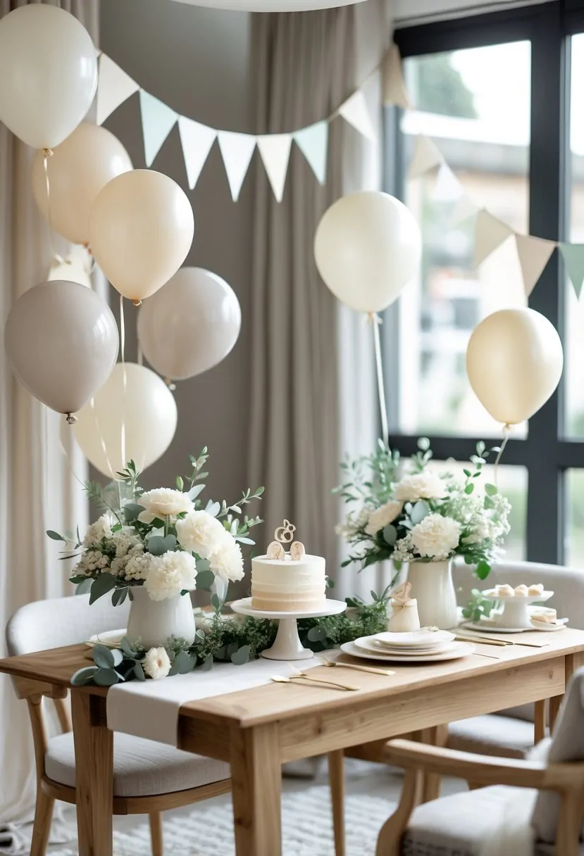 A neutral-toned baby shower setup with balloons, flowers, a small cake, and simple decorations on a wooden table in a cozy indoor space.
