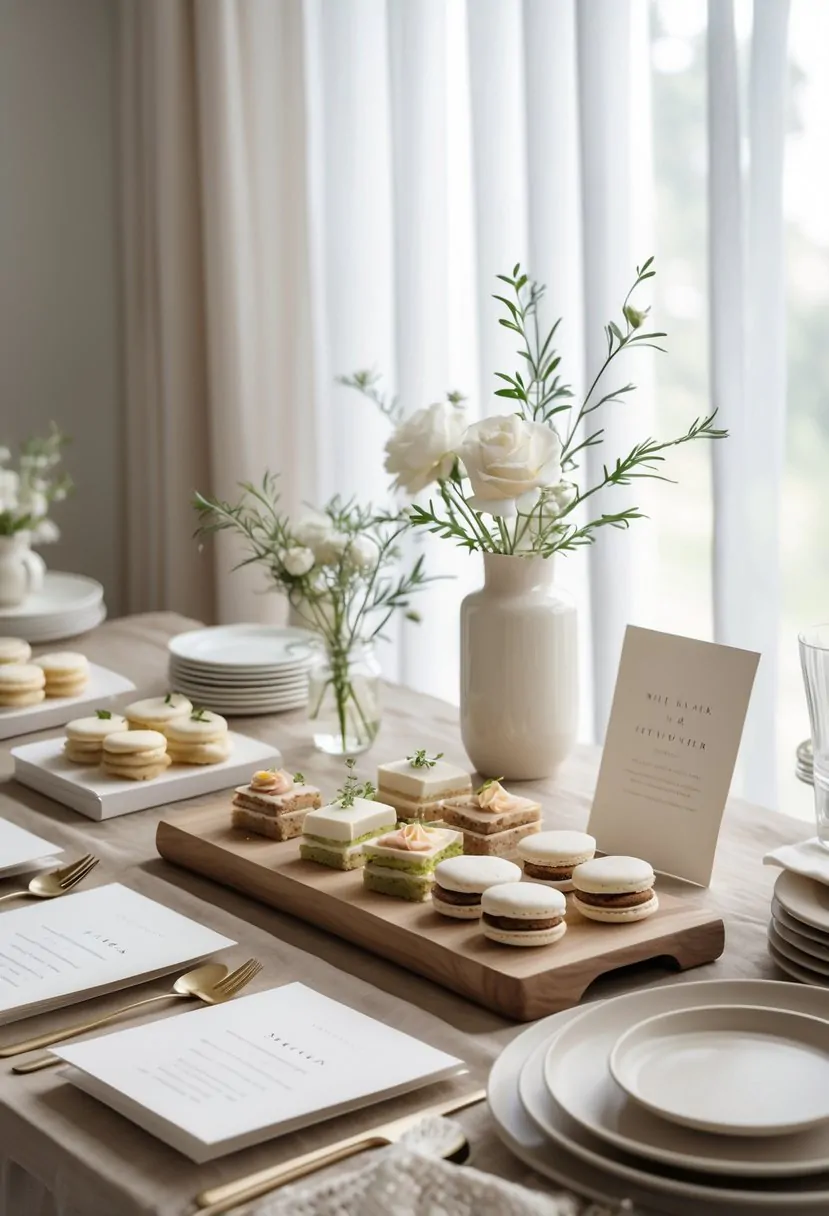A neutral-toned baby shower table with invitations, floral centerpieces, and an assortment of finger foods and desserts arranged neatly.