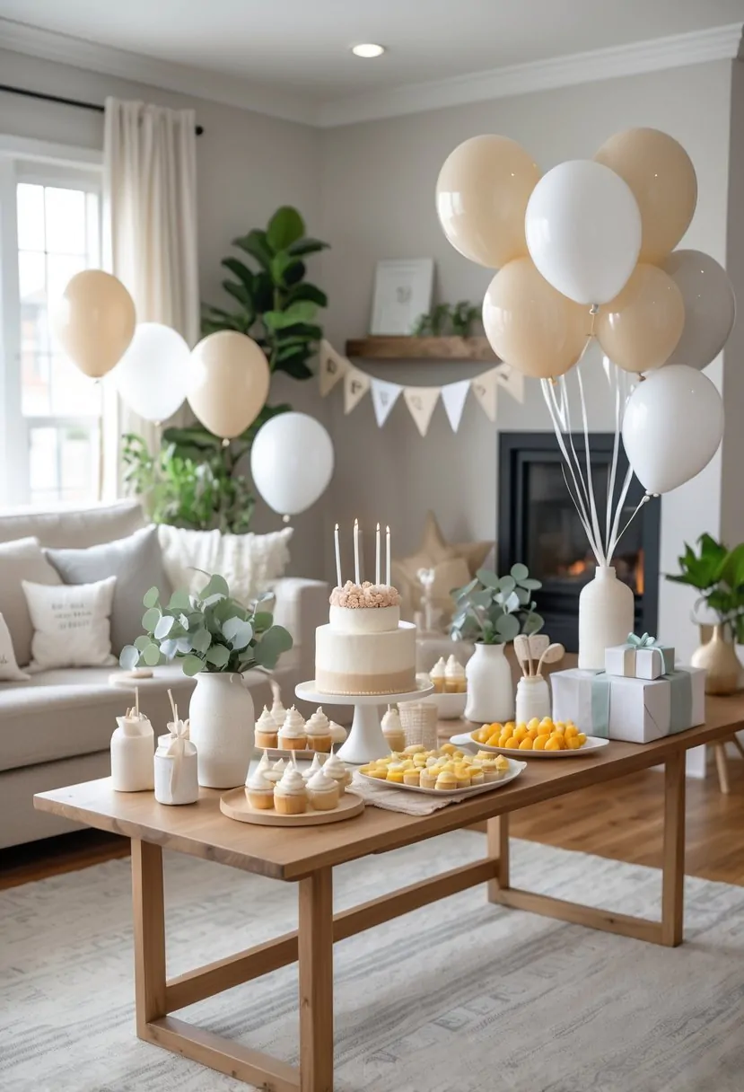 A cozy living room with a neutral-themed baby shower setup including balloons, decorations, gifts, and food on a wooden table.
